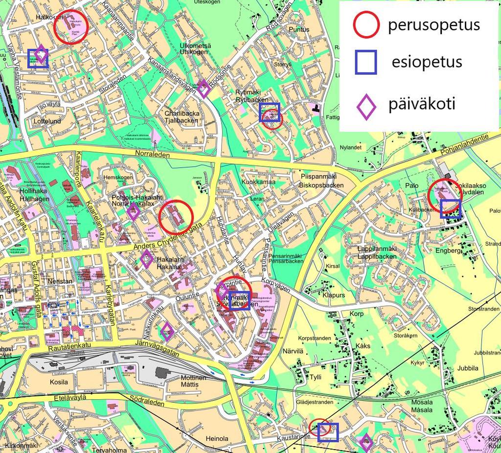 Kartta 2. Itäreitin päiväkodit, esi- ja perusopetuksen palveluverkko 2018 Varhaiskasvatuksessa on tällä hetkellä toimipisteitä (alle 3v. ja yli 3v.