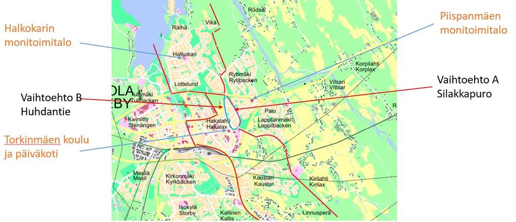 Kartta 3. Hahmotelma Itäreitin oppilasalueiden rajoista. Syntyneiden lasten määriä selviteltiin tehdyillä oppilasalueiden vaihtoehdoilla ja niitä on kuvattu alempana omissa kappaleissaan.