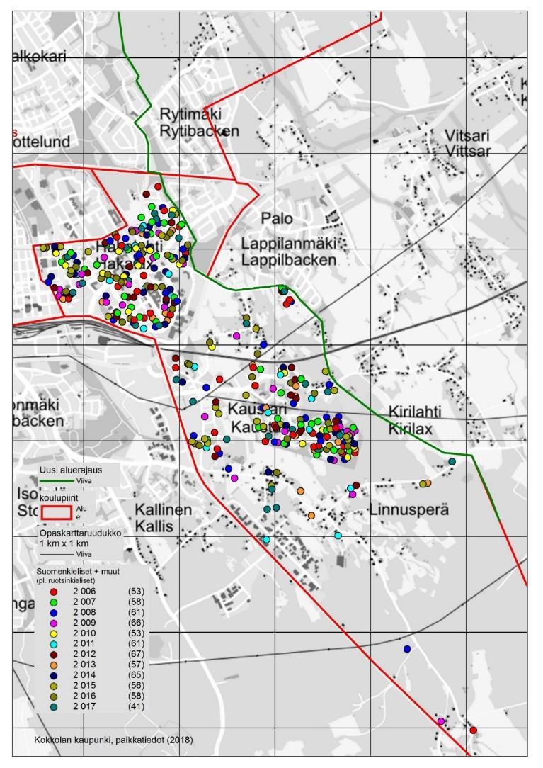 Kartta 6. Torkinmäen-Kaustarin (A-vaihtoehto) alueen syntyneet 2006-2017 (suomen- ja muun kieliset) Määrä / Syntymävuosi 9. lk 8. lk 7. lk 2023 6. lk 5. lk 4. lk 3. lk 2. lk 1. lk 0.