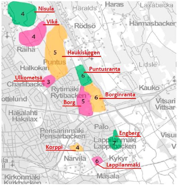 Kuva 4. Asemakaava-alueen laajenemissuunnat 2016 2030 (punainen 2016 2017), oranssi 2018 2020 ja vihreä 2021 2030.