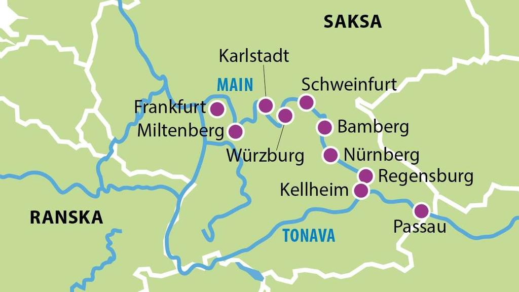 Matkaohjelma Tämä on vuoden 2019 kartta, joka päivitetään pian uuteen. Passau on vaihtunut Regensburgiin.