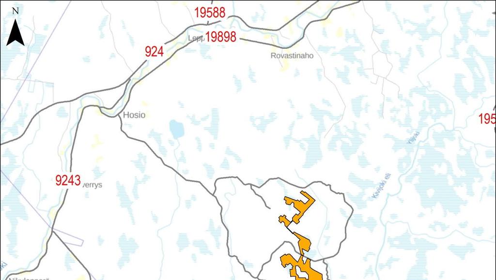 10.2 Nykytila Hankealueelta on olemassa olevat kuljetusreitit Rovaniemelle, Kemiin, Tornioon ja Ouluun johtaville pääteille (Kuva 10-1).