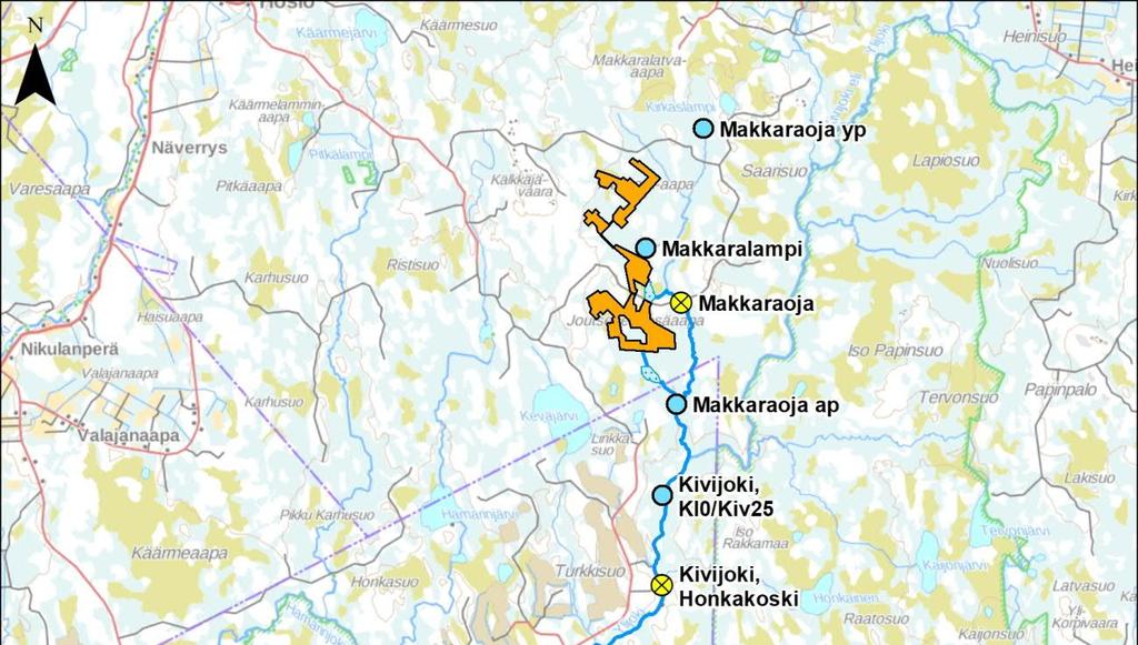 Kuva 14-1 Makkara-aavan kuivatusvesien purkureitit sekä veden laadun havaintopisteet. Makkaraojan valuma-alue on asumatonta ja ojaan kohdistuu vain metsätalouden hajakuormitusta.
