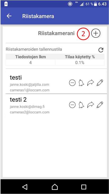 Riistakameran email (5) kohtaan syötetään riistakameran sähköpostiosoite.