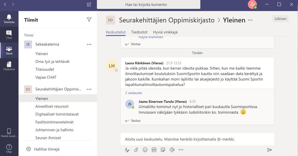 Microsoft Teams ryhmätyö- ja keskustelutilat seurakehittäjille liity mukaan yhteiseen keskusteluun! Oppimiskirjasto - kaikille seurakehittäjille. Sekeakatemia- intensiivi- ja medium osallistujille.