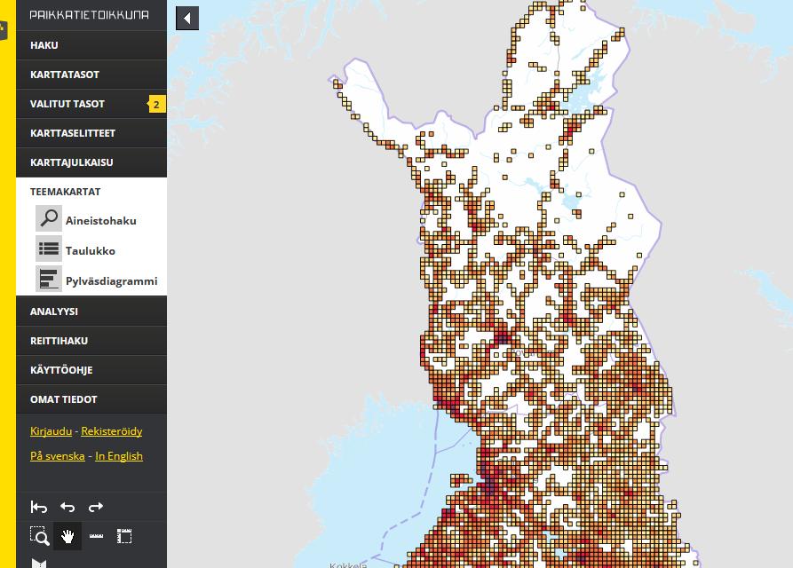 niiden ominaisuuksista. Tumma väri siis merkitsee tiheästi asuttua aluetta!