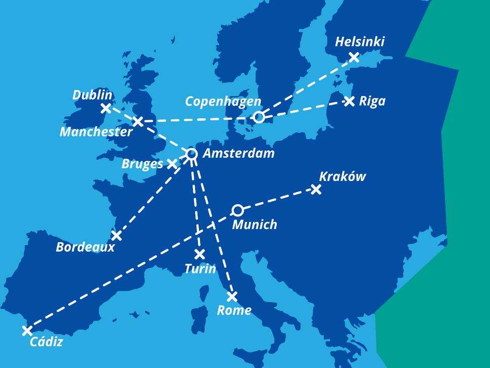13 kaupunkia tuottamassa muutosta Amsterdam: Bordeaux, Bruges, Dublin, Rome, Turin