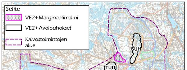 70 Kuva 3-16. Vaihtoehdon (VE2+) mukainen tilanne, jossa marginaalimalmialueet (violetti väri) on sijoitettu hajautetusti kaivosalueelle.