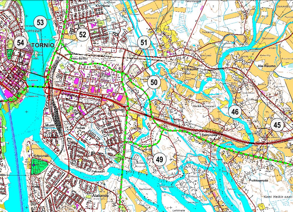 Kuva 4. Erikoiskuljetusreitin sijoittuminen Torniossa vuonna 2013. Kartta-aineistot MML/Liikennevirasto. aa, 6 metriä leveää ja 30 metriä pitkää ajoneuvoa (4,4 x 6,0 x 30m).