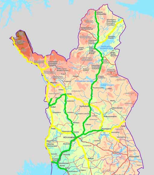 Kuva 5. SEKV- reittiverkko 2019 (vihreä) ja täydentävä reittiverkko (keltainen) Lapissa. Kartta-aineistot MML/Liikennevirasto.