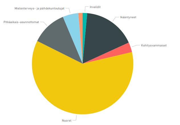 Asuntojen määrä käyttäjäryhmittäin Nuoret 61 % Pitkäaikaisasunnottomat 11 % Mielenterveys ja