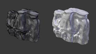 8 Kuva 6. Kiviseinämän low-poly 3D-malli. Vasemmalla näkyvät mallin polygonit. Jos haluaa lisätä objektin perusmuotoon yksityiskohtia, sen voi tehdä veistämällä (kuva 7).