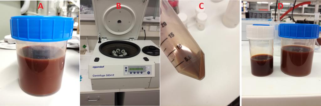 Figure A3: Centrifugation of the mechanically pressed sample: (A) sample; (B) centrifuge;