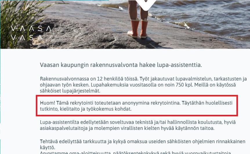 Kuntarekry anonyymissa rekrytoinnissa 7 Hakuilmoituksessa kerromme