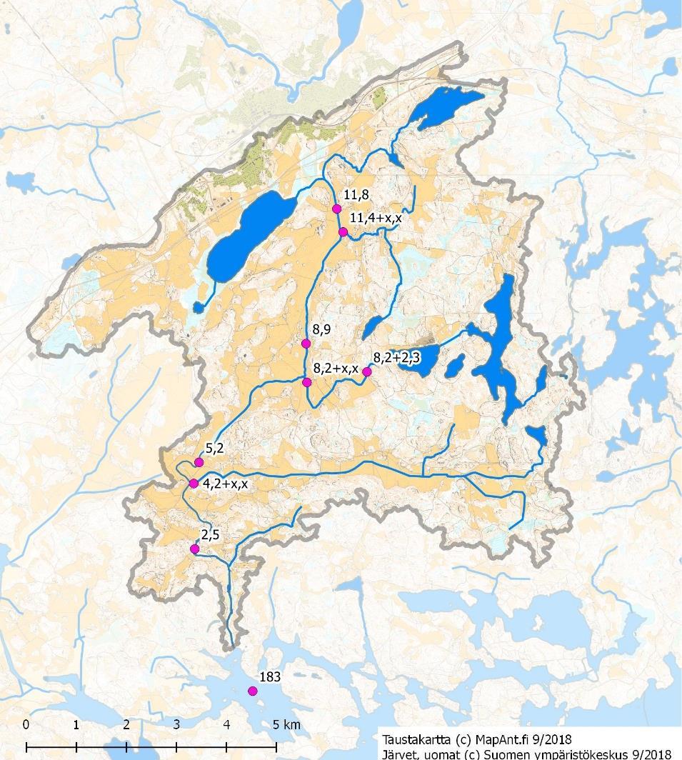 WP 4: Vesistön ja maaperän seuranta Vedenlaatu: 9 seurantapistettä, 8 näytteenottoa Biologiset tekijät: pohjaeläimet 2 pistettä, 1 näytteenotto Vedenlaatu, vesistö/kosteikko: jatkuvatoiminen mittaus