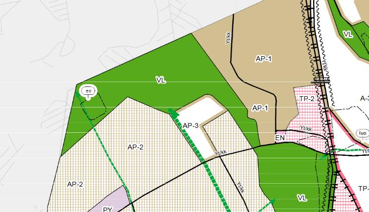 3(5) Ote yleiskaavaehdotuksesta 2035, jossa suunnittelualue on enimmäkseen uutta pientaloaluetta (AP-3) Asemakaava: Suunnittelualueen pohjoisosa on asemakaavoittamatonta aluetta ja eteläosassa on