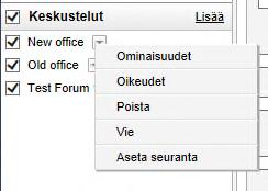 Hakutoiminto ja listat keskusteluista vasemmassa paneelissa, yksityiskohtaiset tiedot keskustelujen viestiketjuista oikeassa paneelissa.