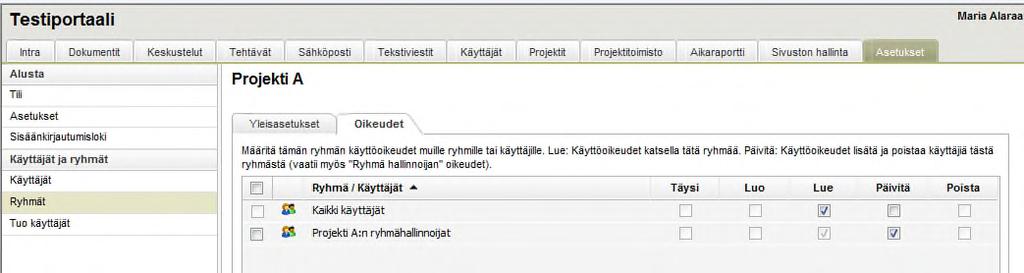 Ryhmähalllinnoija-oikeuksien antaminen ryhmän moduuliluvat osiossa. 2. Avaa Projekti A -ryhmän yleisasetukset a. Navigoi Oikeudet -välilehteen i.