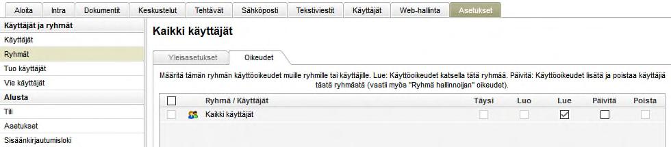 Huomaa, että ryhmähallinnoijalla on rajoitetut hallinnointioikeudet. Ryhmähallinnoija ei voi esimerkiksi luoda tai poistaa ryhmiä tai muuttaa ryhmien moduulilupia.