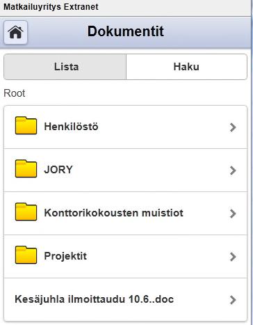 Kansioiden dokumentit Listana Haun avulla voit etsiä tiedostoja ja kansioiden nimiä.