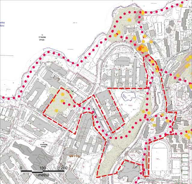 3 Kuva 1. Espoon kaupungin aiemmat tiedot alueen liito-oravista. Keltaiset ovat papanahavaintoja, punainen arvioitu liikkumisreitti.