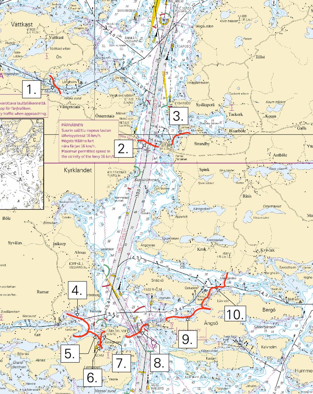 Kuva viitteeksi, karttaotteet ei merikartan mittakaavassa / Bild för referens, kortutdrag inte i sjökortets