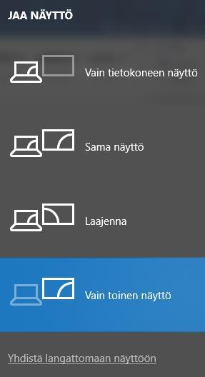 Vain tietokoneen näyttö ei jaa mitään vaan pitää näkymän ainoastaan läppärissäsi. Sama näyttö näyttää saman työpöydän molemmissa näytöissä (tässä tapauksessa resoluutio määräytyy lähteen mukaan).