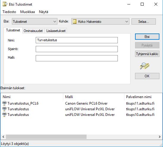 Haun jälkeisestä listasta valitse haluttu tulostin (esim. tkups10.adturku.fi ). 3.2.