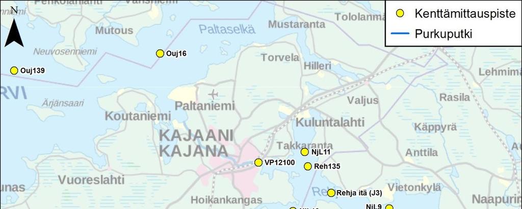 21 Kuva 4-6. Kenttämittauspisteet Nuasjärvi-Oulujärvi alueella, J1 J3 jatkuvatoimisia mittausasemia.