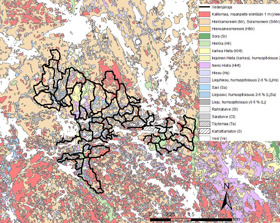 FCG SUUNNITTELU JA TEKNIIKKA OY Loppuraportti 6 (7) Kuva 4 Suunnittelualueen maaperä ja vedenjakajat 3 Hulevesien hallinta Liitekartassa 202 on esitetty alustavat hulevesien hallintaa koskevat