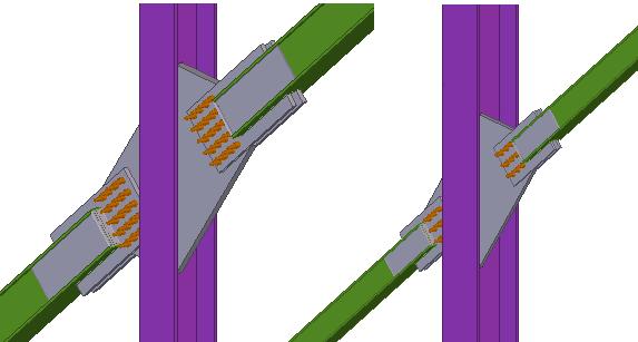 Using a brace member of uniform height possessing the same tensile capacity as the smaller brace would result in impractically narrow flanges. Figure 33. Connections CON3 (left) and CON3s (right).