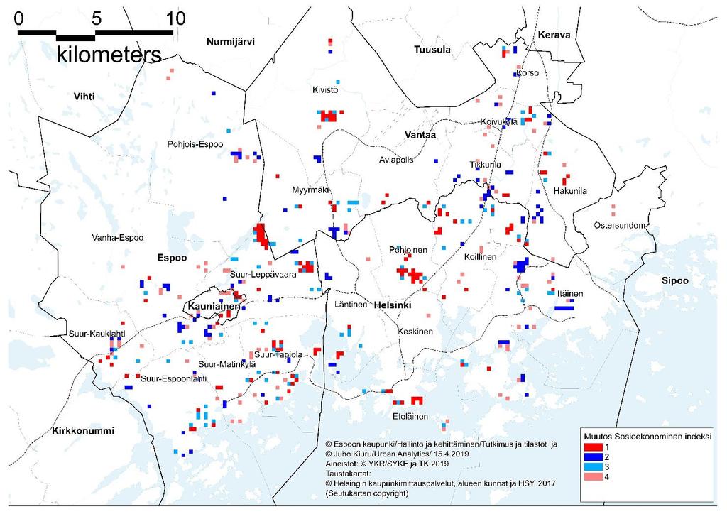 Sosioekonomisen indeksin muutos 2012-2015 Sosioekonominen indeksi on noussut erityisesti Oulunkylässä ja Maunulassa Helsingissä,