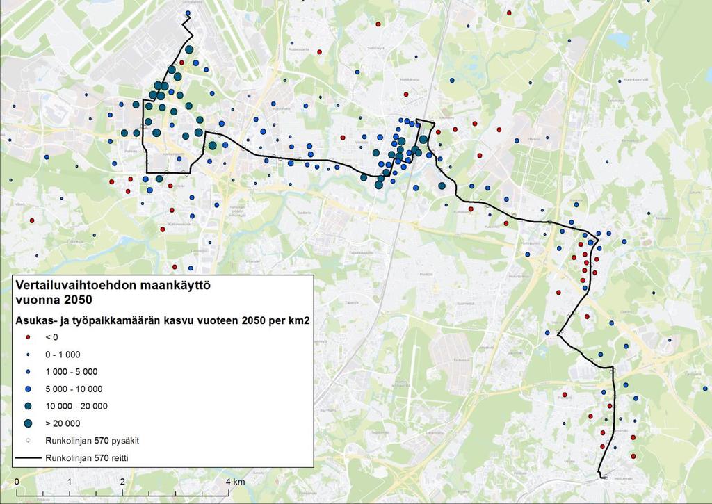 Vertailuvaihtoehdon reitin valinta Runkolinjan 570 reitti ja maankäyttö Muutoksia voidaan perustella maankäytön näkökulmasta seuraavasti: Jokiniemen alueen muutoksen myötä tavoitetaan paremmin mm.