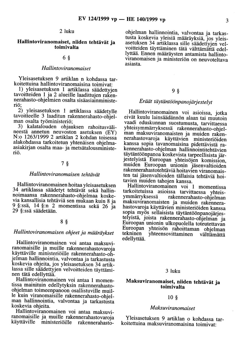 EV 124/1999 vp - HE 140/1999 vp 3 2 luku Hallintoviranomaiset, niiden tehtävät ja toimivalta 6 Hallintoviranomaiset Yleisasetuksen 9 artiklan n kohdassa tarkoitettuina hallintoviranomaisina toimivat: