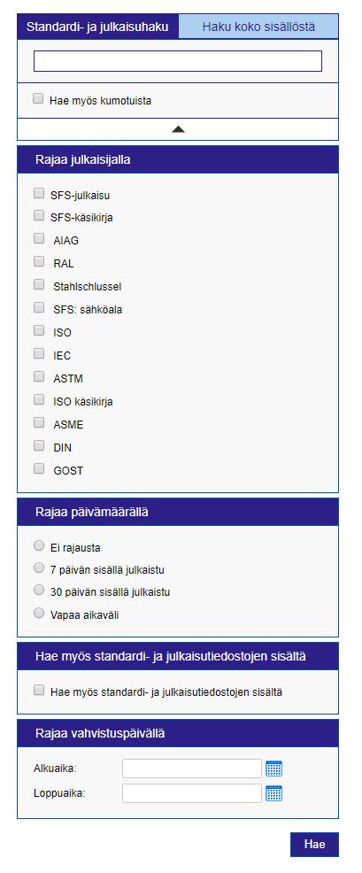 Parhaiten haku toimii standardin numerolla ilman kirjaintunnusta. Ennakoivan haun tarjoamien julkaisujen tuotekortille voi siirtyä suoraan klikkaamalla haluttua tunnusta tai otsikkoa.