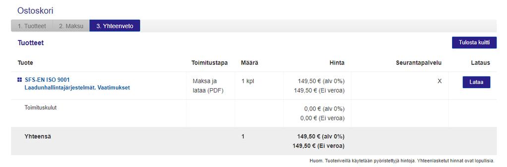 Ohje 7 (8) Julkaisujen ostaminen Etsi haluamasi julkaisu(t) kaupan hakutoiminnoilla. Lisää julkaisu(t) ostoskoriin. Ostoskorissa voit vielä muuttaa esim. tilausmäärää ja toimitustapaa.