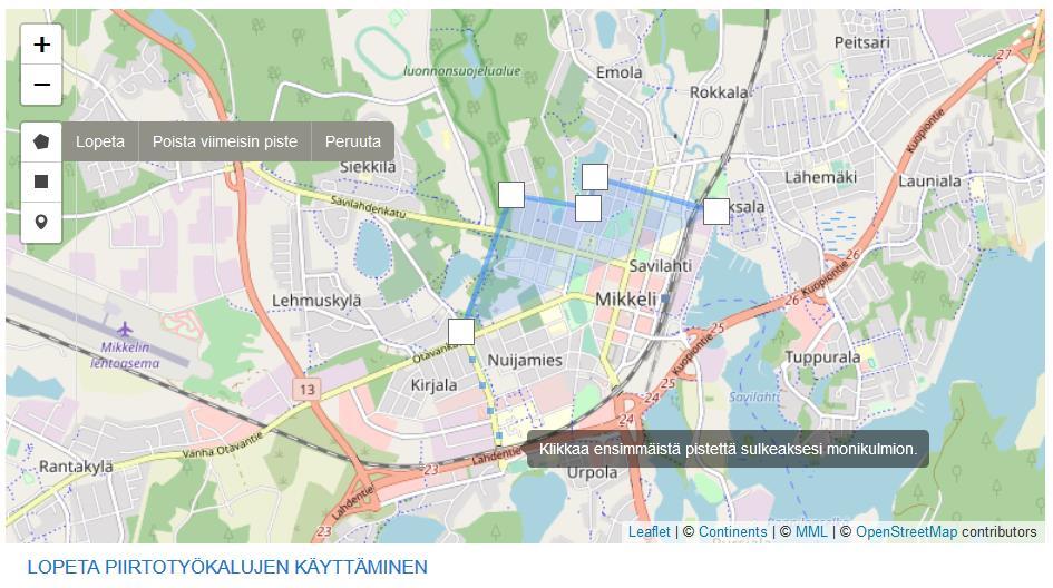 Käyttöohje 33 (82) -symbolin viereistä Lopeta -tekstiä, jolloin valmis toiminta-alue muuttuu vihreäksi. Peruuta -tekstiä klikkaamalla voit aloittaa monikulmion piirtämisen alusta.