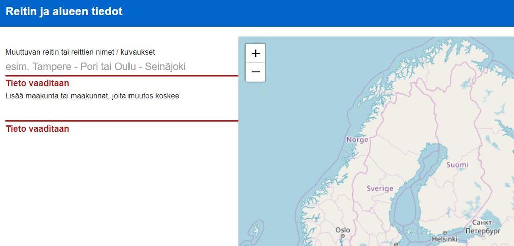 Lisää maakunta tai maakunnat joita muutos koskee klikkaamalla otsikon ko. otsikon alla olevaa riviä, ja valitsemalla tämän jälkeen pudotusvalikosta ne maakunnat joita muutos koskee.