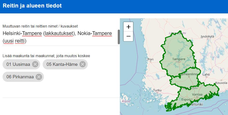 Käyttöohje 70 (82) Muutokset koskettavat maakuntia: Uusimaa, Kanta-Häme ja Pirkanmaa (maakunnat, joiden alueella muutoksenalaiset reitit kulkevat). 5.