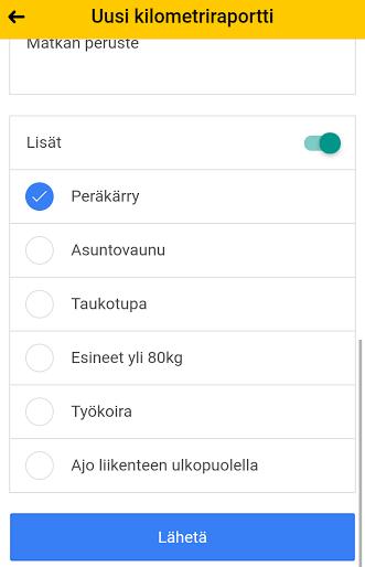 Mapon kilometriraportti -kohdassa sinun tulee ensin valita ajoneuvo, jolle haluat merkata kilometrit.