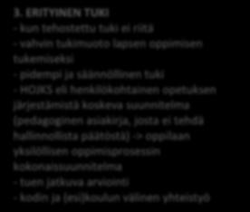 TEHOSTETTU TUKI - yksilöllisten tarpeiden mukaan tukeminen - oppimissuunnitelma - pidempiaikainen ja säännöllinen tuki - tuen jatkuva arviointi - kodin ja (esi)koulun välinen yhteistyö 3.