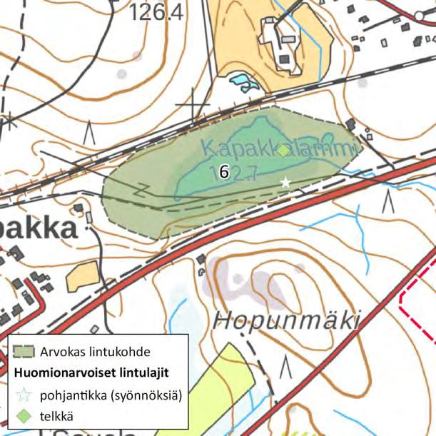 FCG SUUNNITTELU JA TEKNIIKKA OY Raportti 18 (25) 6. Kapakkalammi Pienellä, rannoiltaan soistuneella Kapakkalammilla pesivät ainakin telkkä ja metsäviklo (Kuva 9).