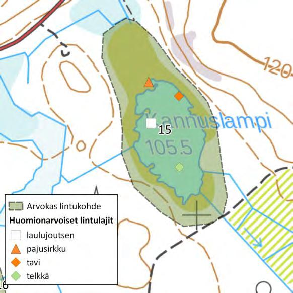 FCG SUUNNITTELU JA TEKNIIKKA OY Raportti 22 (25) 15. Kannuslampi Rauhalliselle metsäalueelle sijoittuvalla, soistuvarantaisella Kannuslammella pesivät mm.