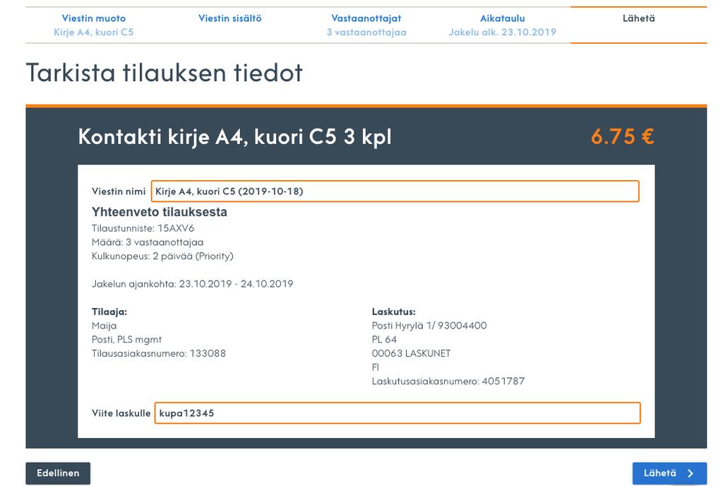 > Valitse Priority, Economy tai Asiakassuora kulkunopeudeksi > Valitse jakelun alkamisajankohta Kalenterista voit ajastaa lähetyksen ja valita jakelun