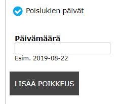 Jos esim. loma-aikaan tapahtumaa ei järjestetä, kohdasta Poislukien päivät -voi määritellä, milloin tapahtuma ei näy kalenterissa. Lisää päivät, jos tapahtuma toistuukin useampana päivänä viikossa.