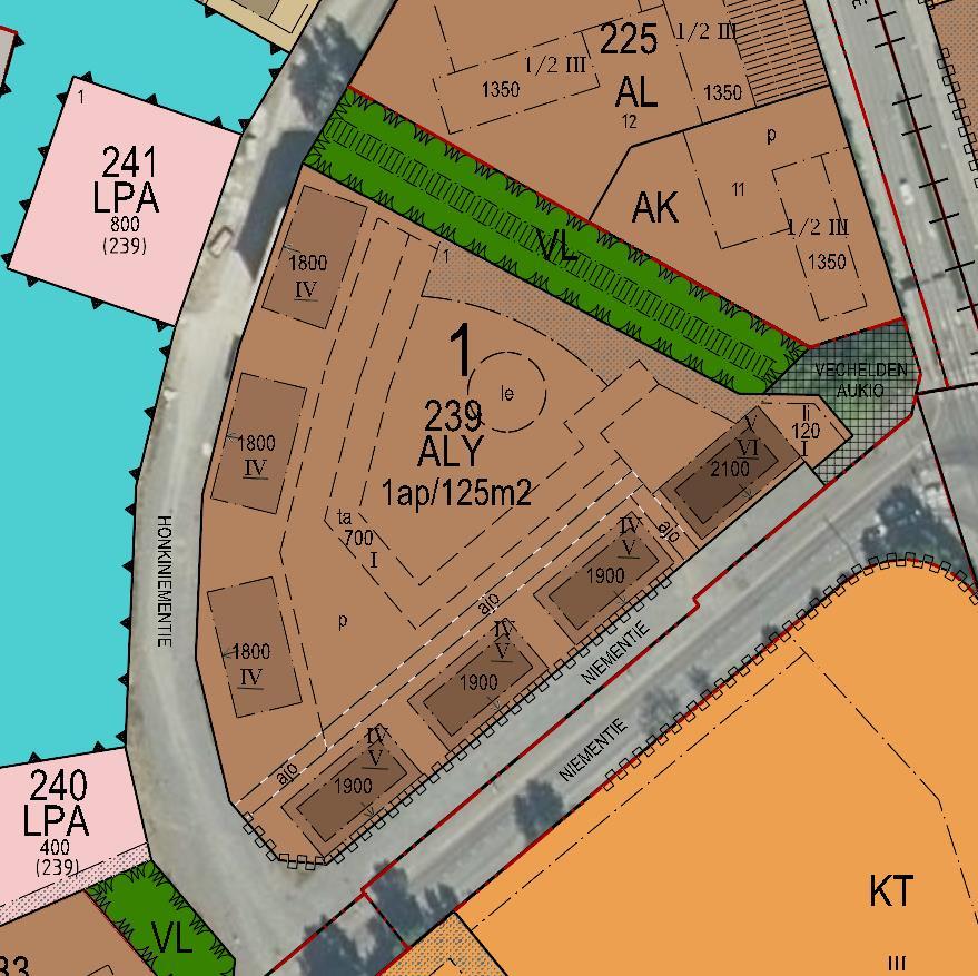 Asemakaavoitus Asemakaavamerkinnät suunnittelualueella: Asuin- ja liikerakennusten korttelialue, jolle saa sijoittaa 25% palvelurakentamista (ALY) Lähivirkistysalue (VL) Ote asemakaavasta 4.