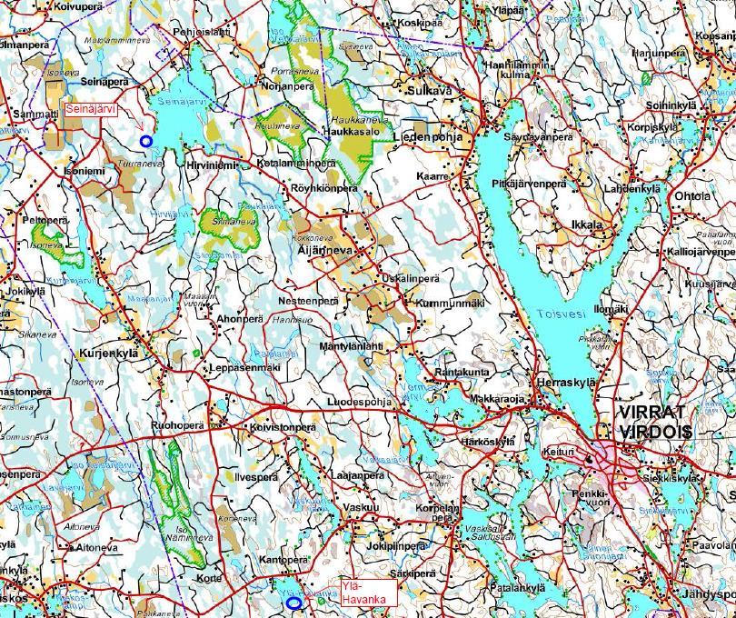 FCG SUUNNITELU JA TEKNIIKKA OY SELOSTUS 4 (24) 1.2 Kaava-alueen sijainti Suunnittelualue on kaksiosainen. Suunnittelualueet sijaitsevat Seinäjärven lounaisrannalla ja Ylä-Havangan rannalla, Virroilla.