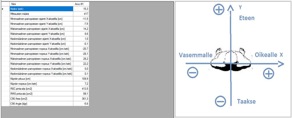 Kuva 7. Physilect-liikesensorilaitteiston käyttöliittymässä esitetty tasapainon mittaustulosten yhteenveto horisontaalisesta tasosta.