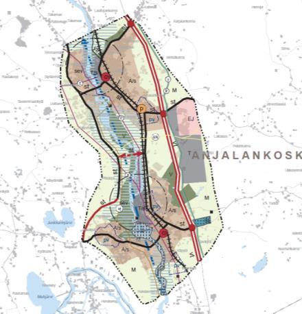 Ote maakuntakaavasta Maaseutu ja luonto. Suunnittelualueella sijaitsee taajamatoimintojen aluetta (A), virkistysaluetta (V) ja maa- ja metsätalousvaltaista aluetta (M).