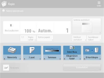 Peruskopiointi 1 Aseta asiakirja laitteeseen. 2 Paina [Kopio]. 3 Anna kopiomäärä. 4 Aseta haluamasi asetukset.